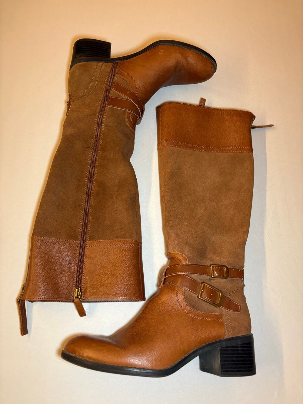 Franco Sarto L-Lapis Cognac Brown Leather Suede Buckle Knee High Boots 7.5M